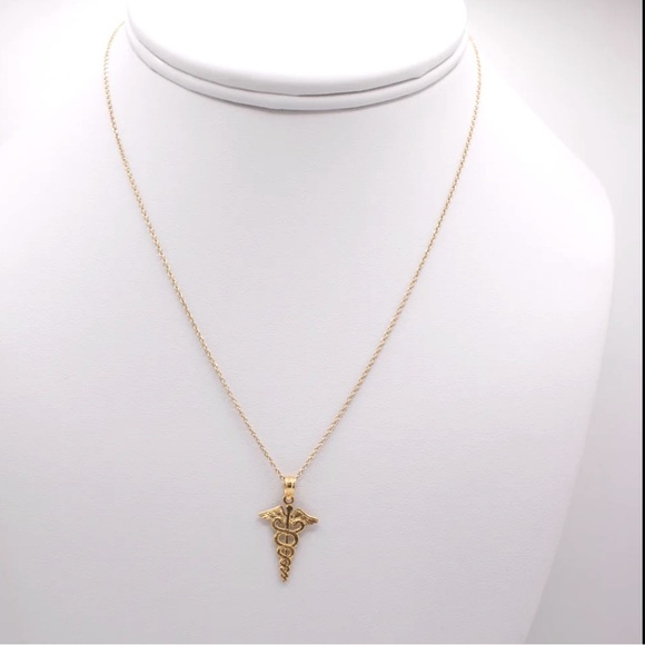 14K- Gold - Caduceus pendant & necklace - Picture 3 of 3